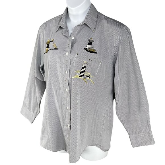 Las Olas Women Shirt L Lighthouse Embroidered Rhinestones Striped Nautical Artsy - Picture 9 of 16